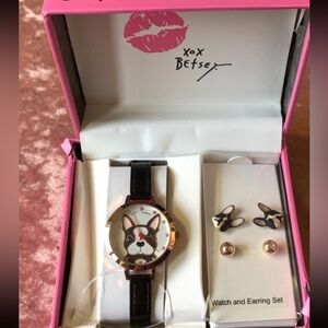 Betsey Johnson White Dog Dial Women's Watch & Earring Set